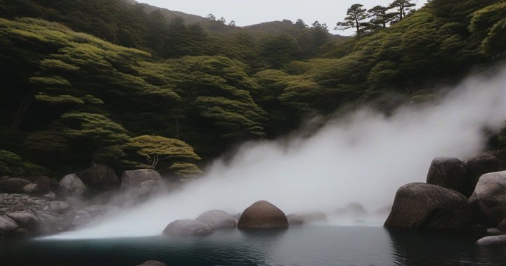 Steam and yubatake in a mountain hot spring town