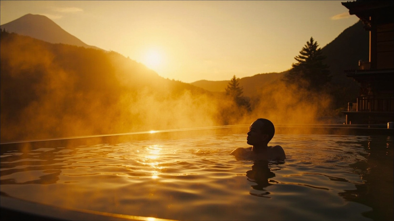 Traditional ryokan outdoor onsen (rotenburo) with Mount Fuji at golden hour